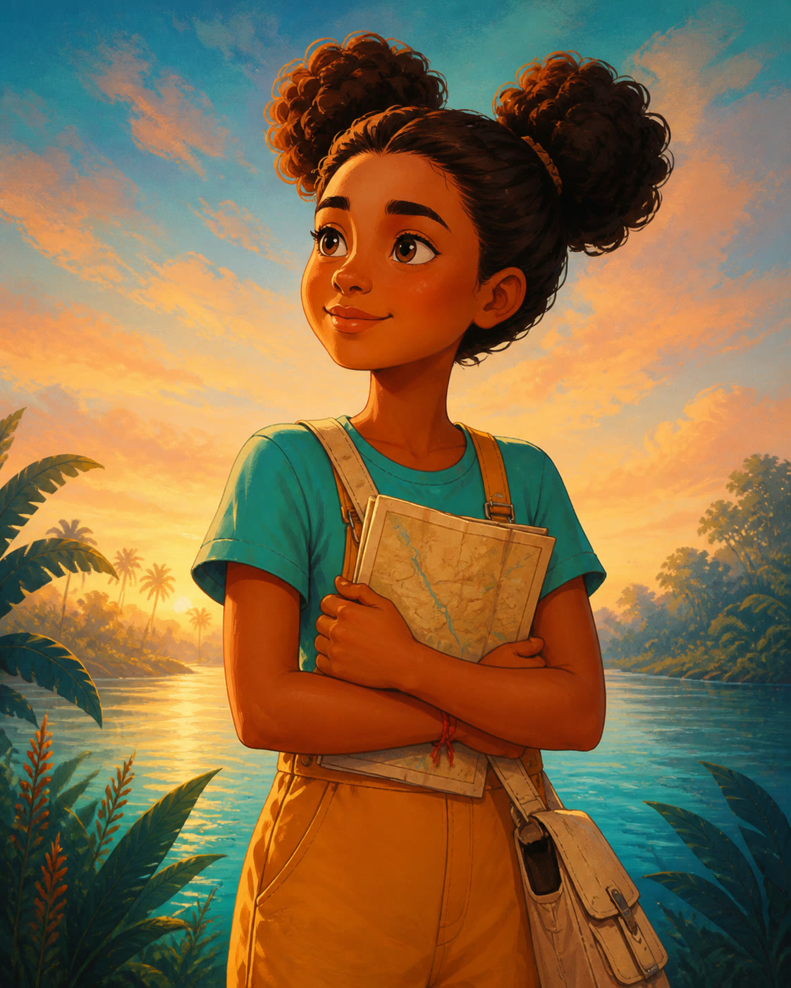 Retrato ilustrado de Lia segurando seu mapa