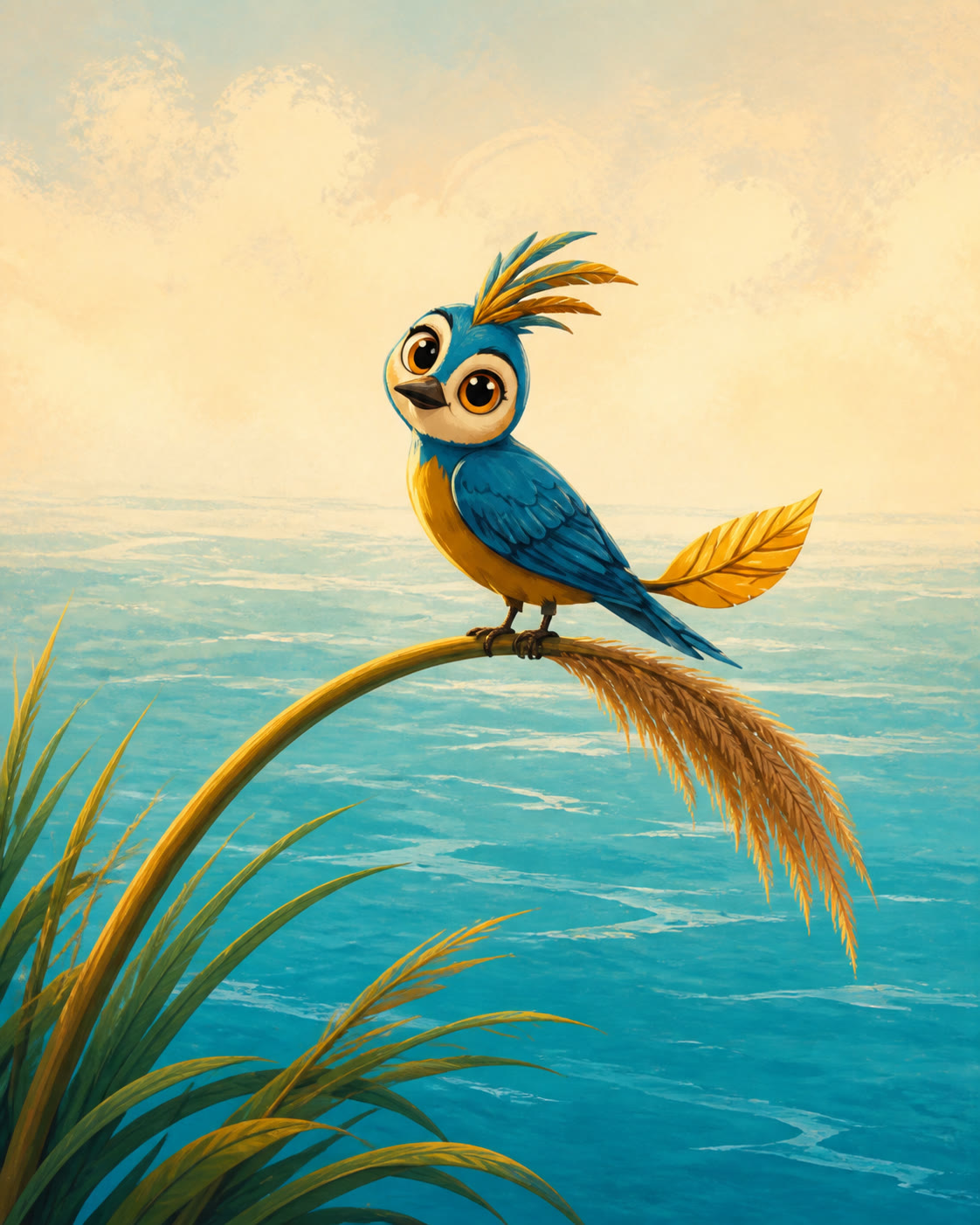 Retrato ilustrado de Tico, pequeno pássaro azul e dourado