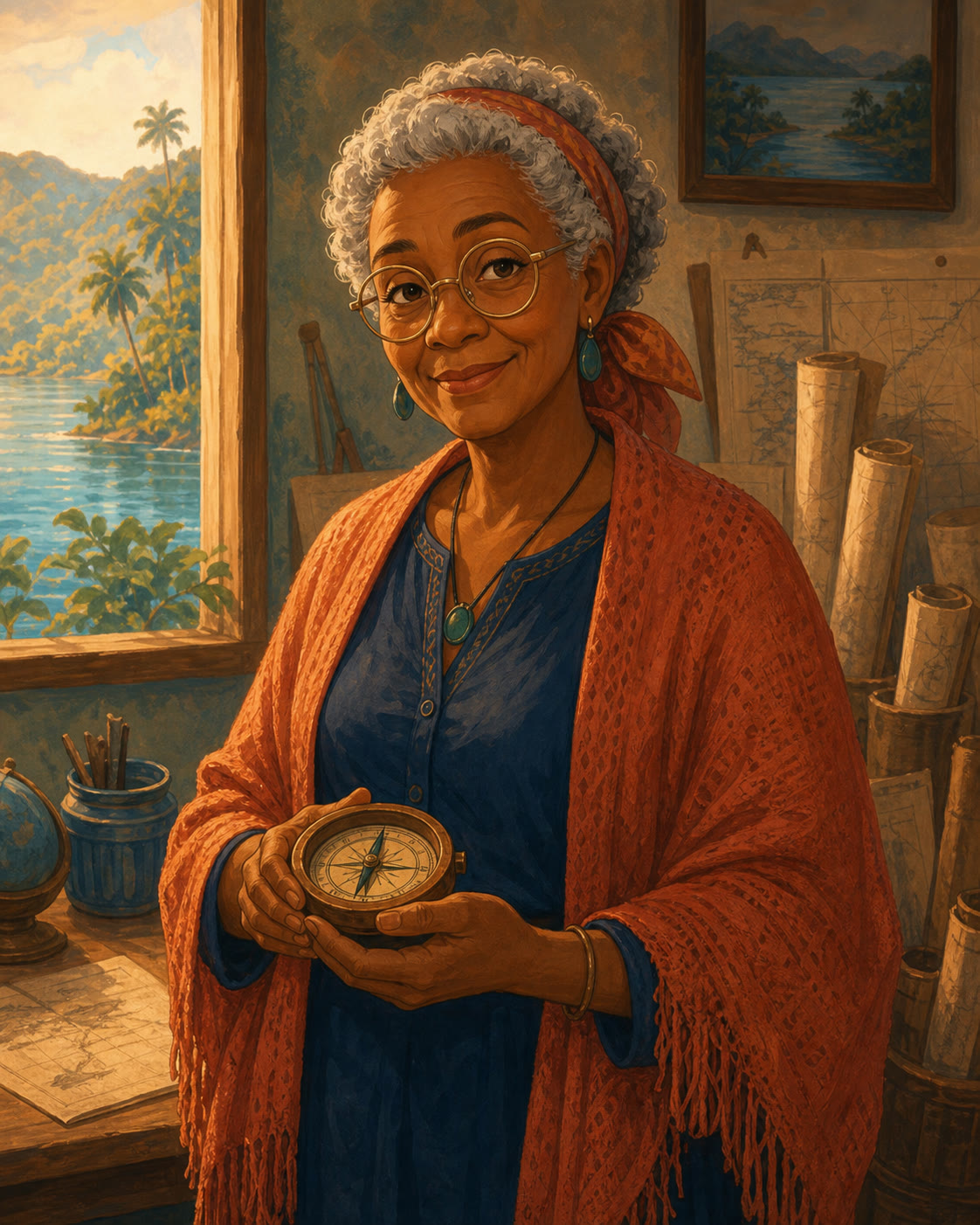Retrato ilustrado de Dona Célia com uma bússola de madeira