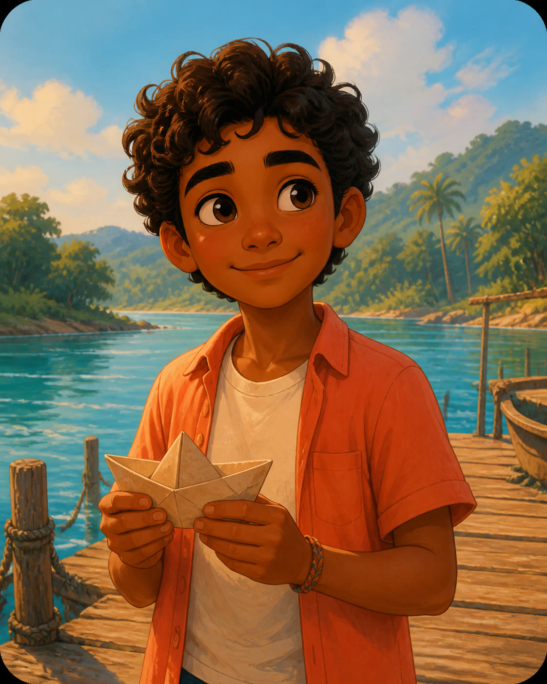 Retrato ilustrado de Caíque segurando um barquinho de papel