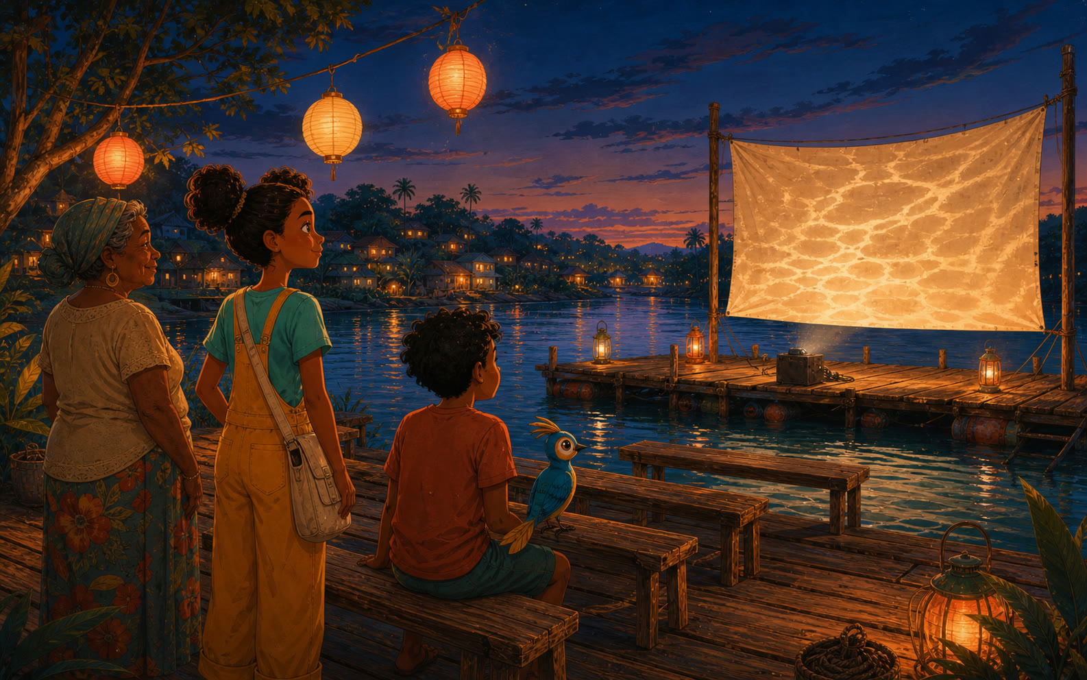 Lia, Tico, Dona Célia e Caíque aguardam uma futura sessão de cinema à beira do rio